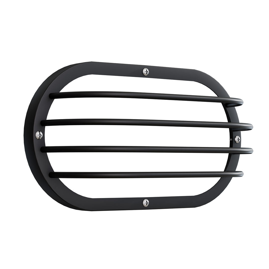 A black metal wall-mounted guard grille or vent cover with five horizontal bars and visible mounting screws, shown on a plain white background.