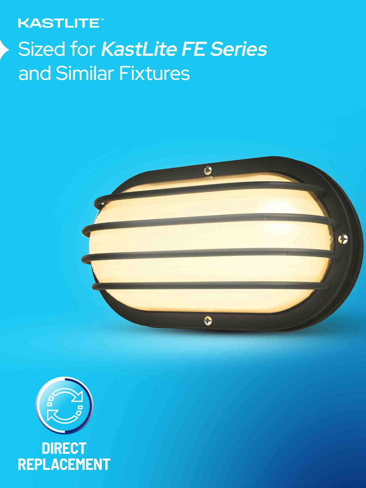 A KASTLITE outdoor wall light fixture with a black metal frame and horizontal slats over a glowing warm white glass panel, shown on a bright blue background with text reading 'KASTLITE' and 'Sized for KastLite FE Series and Similar Fixtures' plus a 'DIRECT REPLACEMENT' badge.