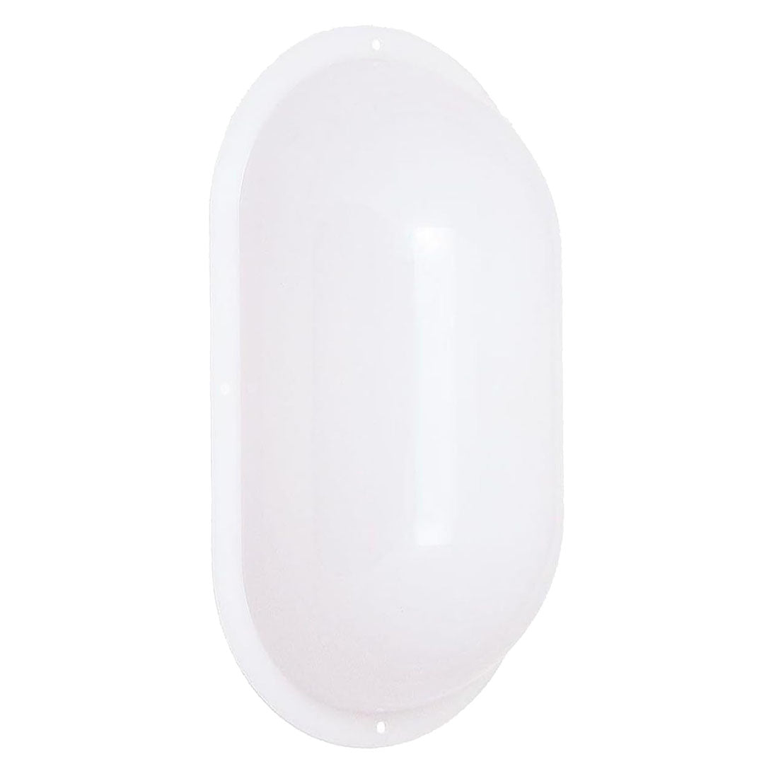 A white oval wall-mounted light fixture cover or shade with a smooth, glossy finish, shown against a plain white background.
