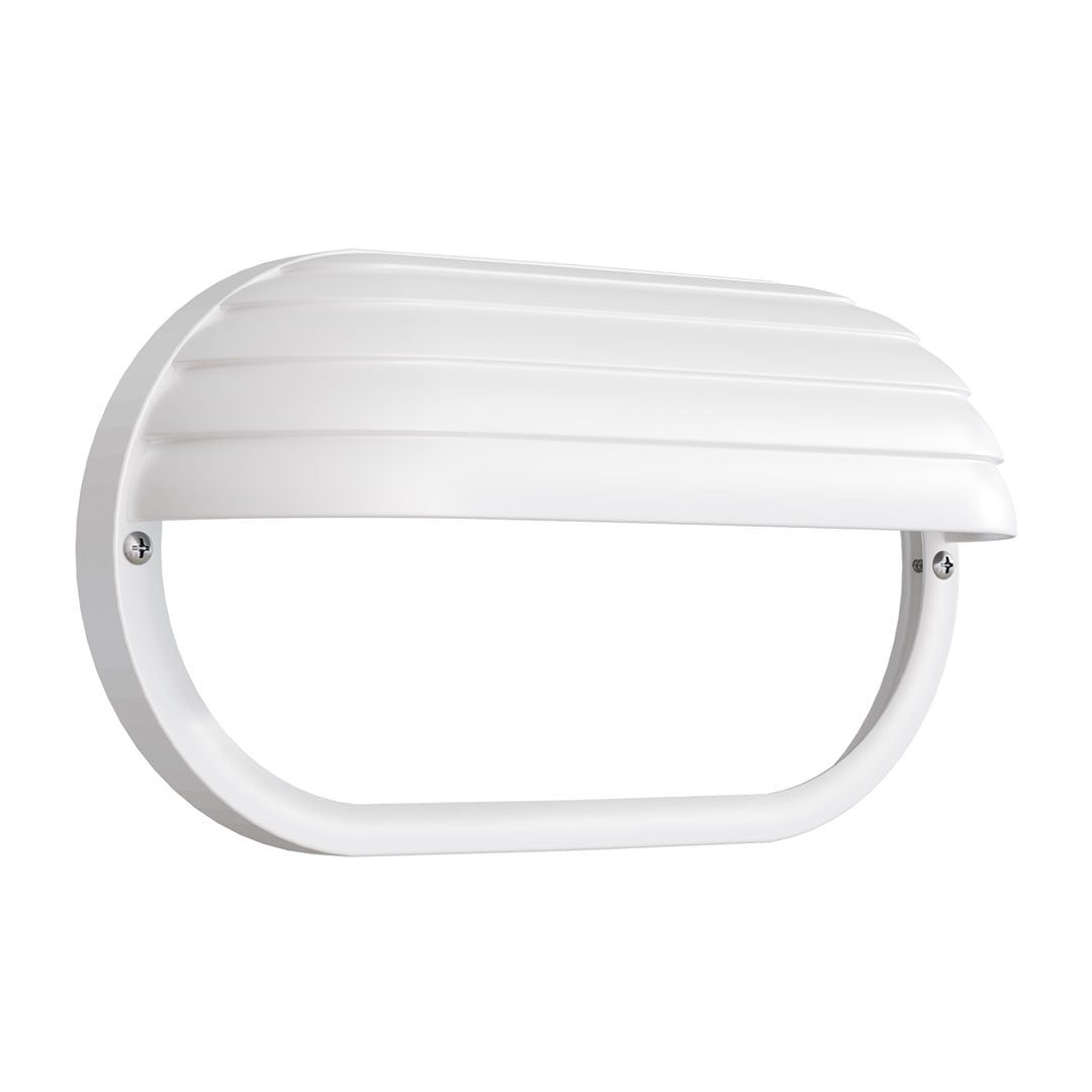 A white outdoor wall light fixture with a ribbed, slotted shade and a curved mounting bracket, shown against a plain white background.