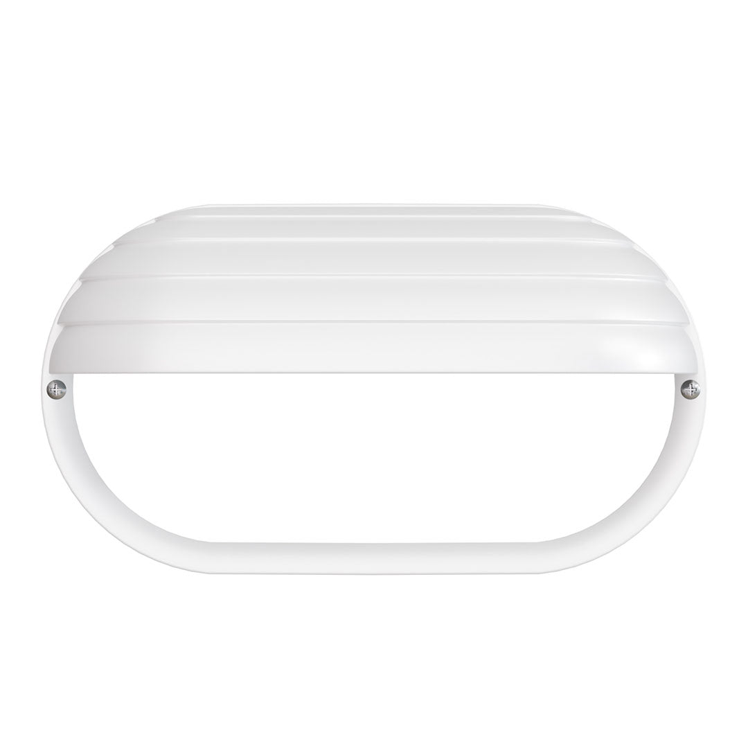 A white outdoor light fixture cover with a ribbed top and a curved bottom frame, shown against a plain white background.