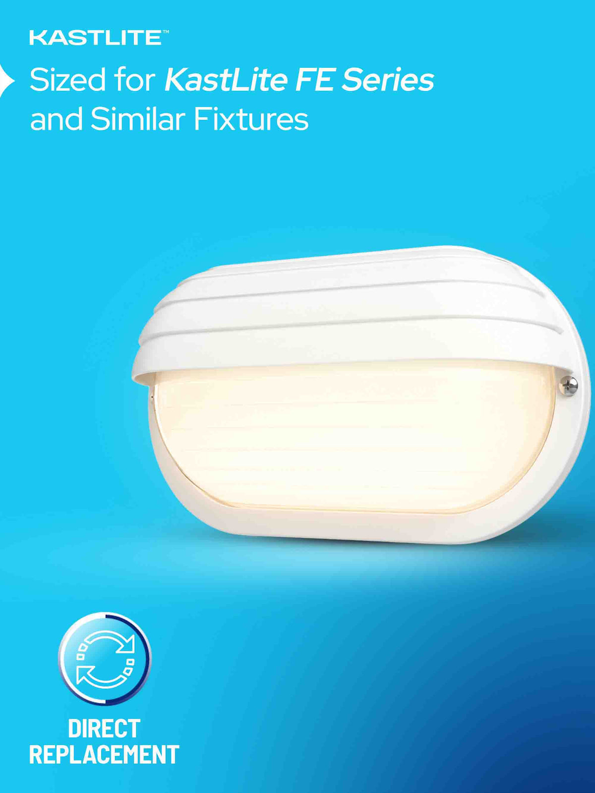 A KASTLITE outdoor wall light fixture shown against a bright blue gradient background with text reading 'KASTLITE Sized for KASTLITE FE Series and Similar Fixtures' and 'DIRECT REPLACEMENT'.