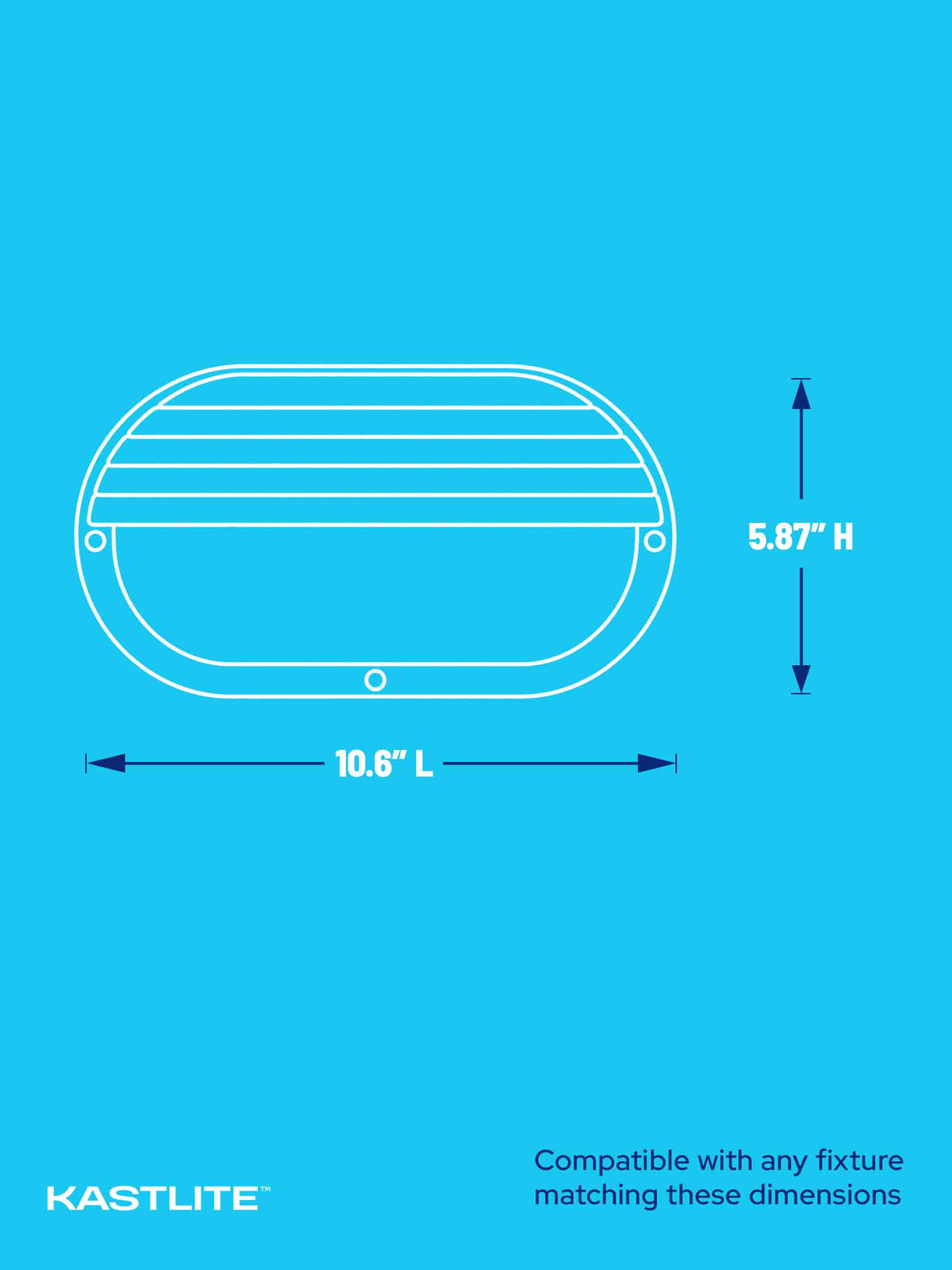 Blue dimension diagram showing a KASTLITE fixture outline with measurements labeled 10.6" L and 5.