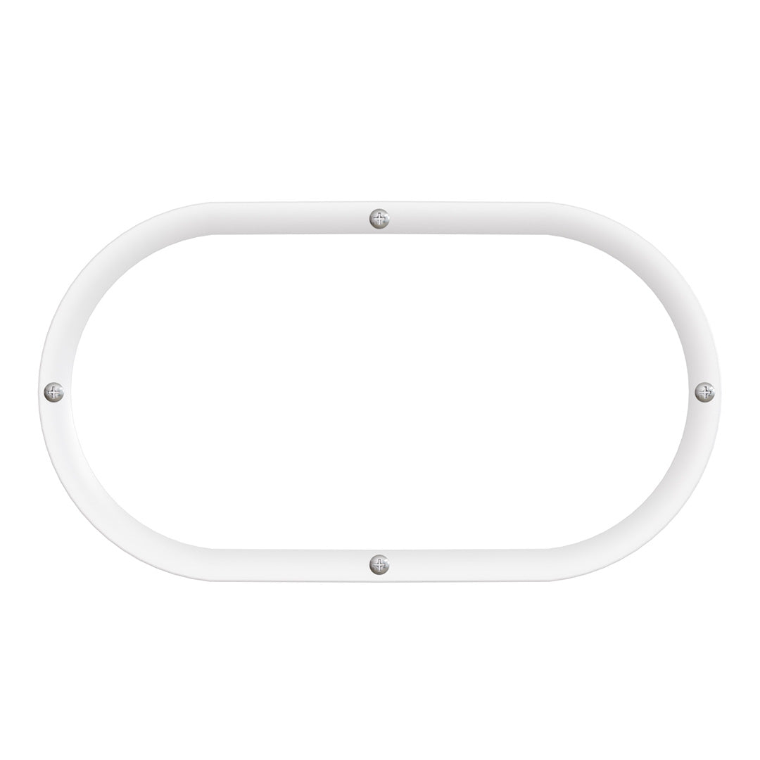 A white oval-shaped frame or bezel with four silver screws, shown against a solid white background.