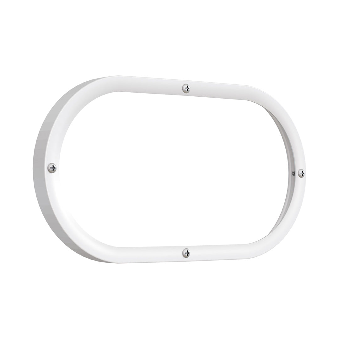 A white oval-shaped metal frame or bezel with four visible silver screws, shown on a plain white background.