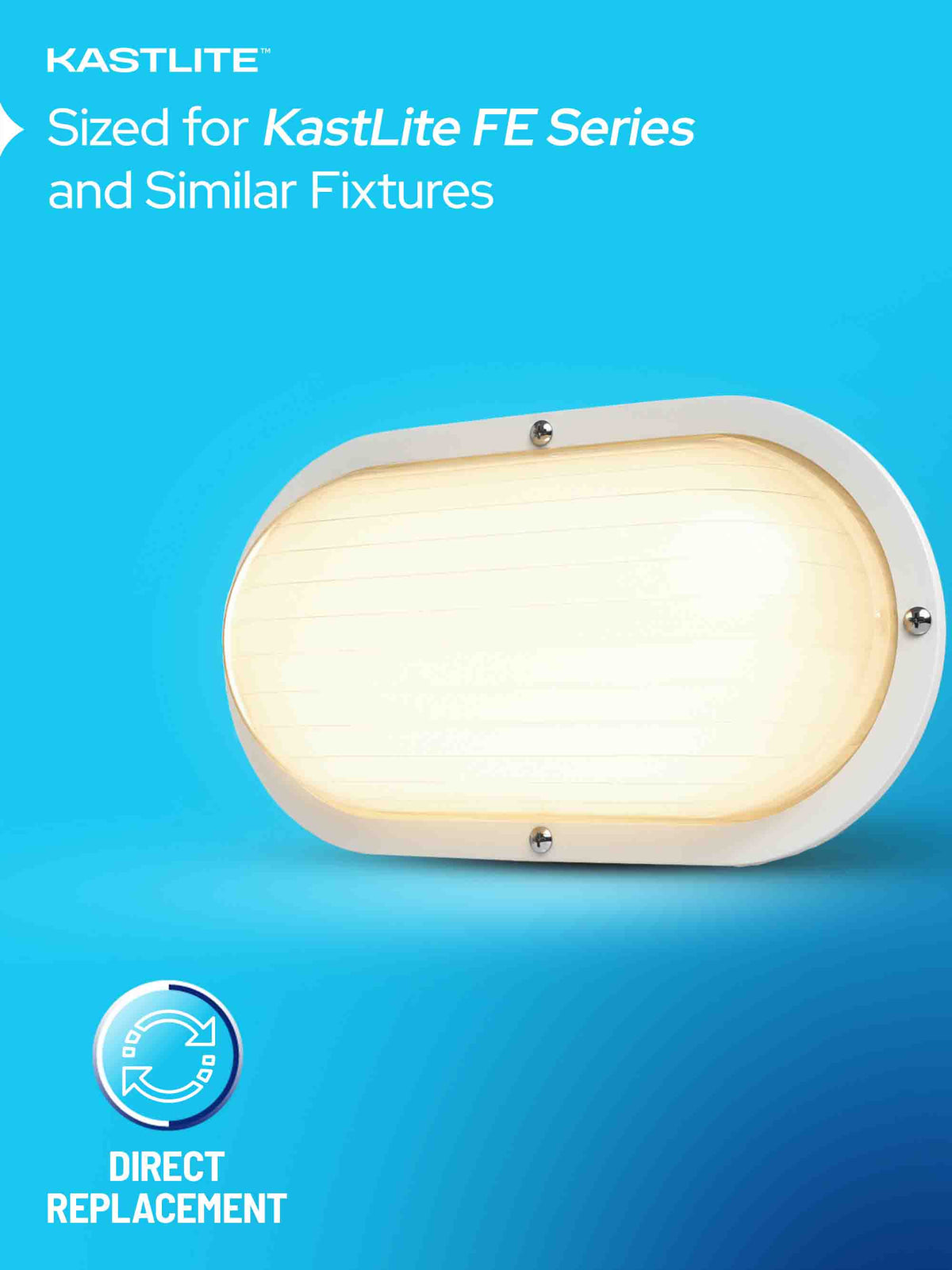 KASTLITE oval outdoor light fixture with a white frame and warm white frosted glass, shown on a bright blue background with text reading 'Sized for KASTLITE FE Series and Similar Fixtures' and 'DIRECT REPLACEMENT'.