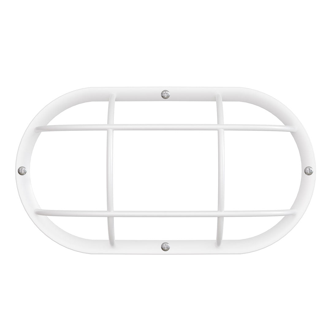 A white metal guard grille with a rounded rectangular shape and a grid pattern, secured with four silver screws, shown against a plain white background.