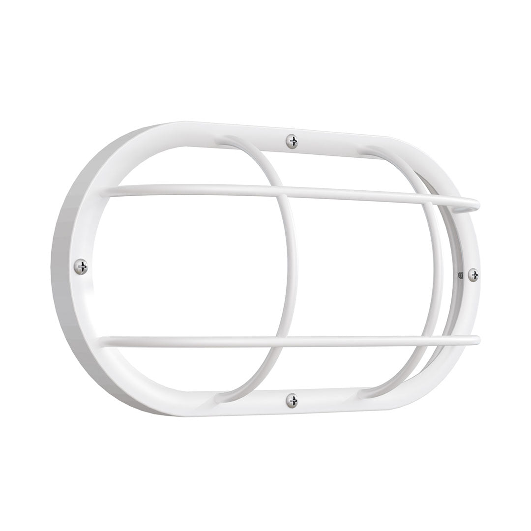 A white metal guard cage or safety grille with a rounded rectangular shape and horizontal bars, shown against a plain white background.