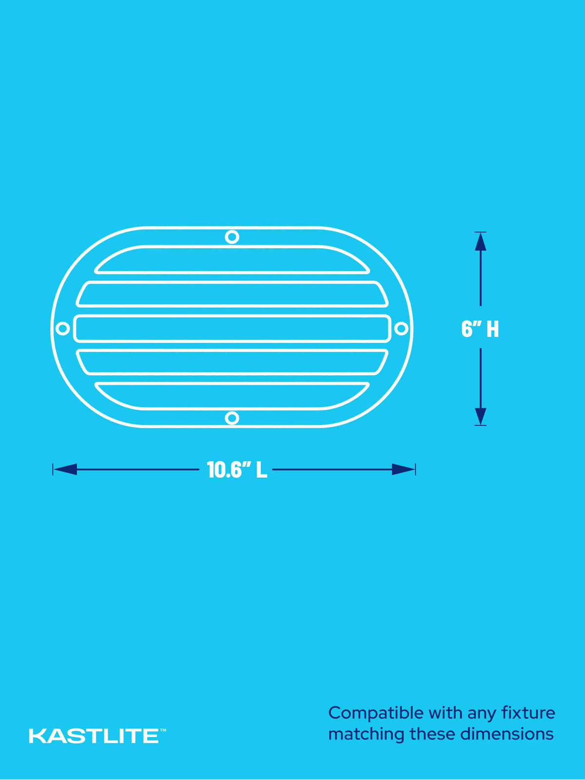 A blue graphic showing a white outline diagram of an oval fixture with dimension arrows indicating 10.6 inches wide and 6 inches high, with the KASTLITE brand name at the bottom.