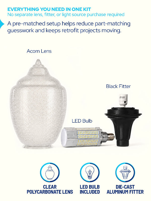 Acorn light fixture kit with bulb and black fitter