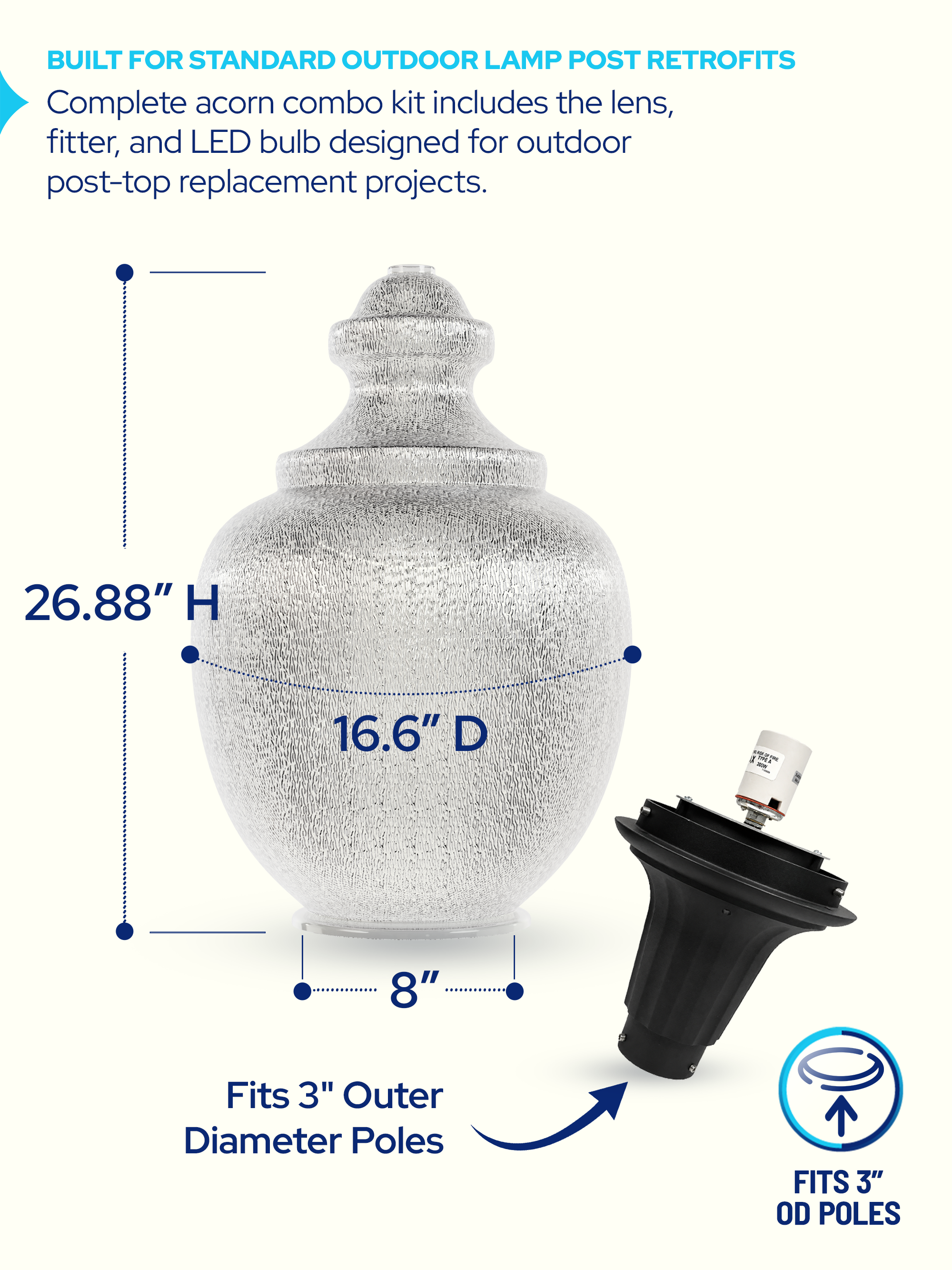 Acorn outdoor lamp post retrofit kit shown with dimension callouts (26.88 in height, 16.