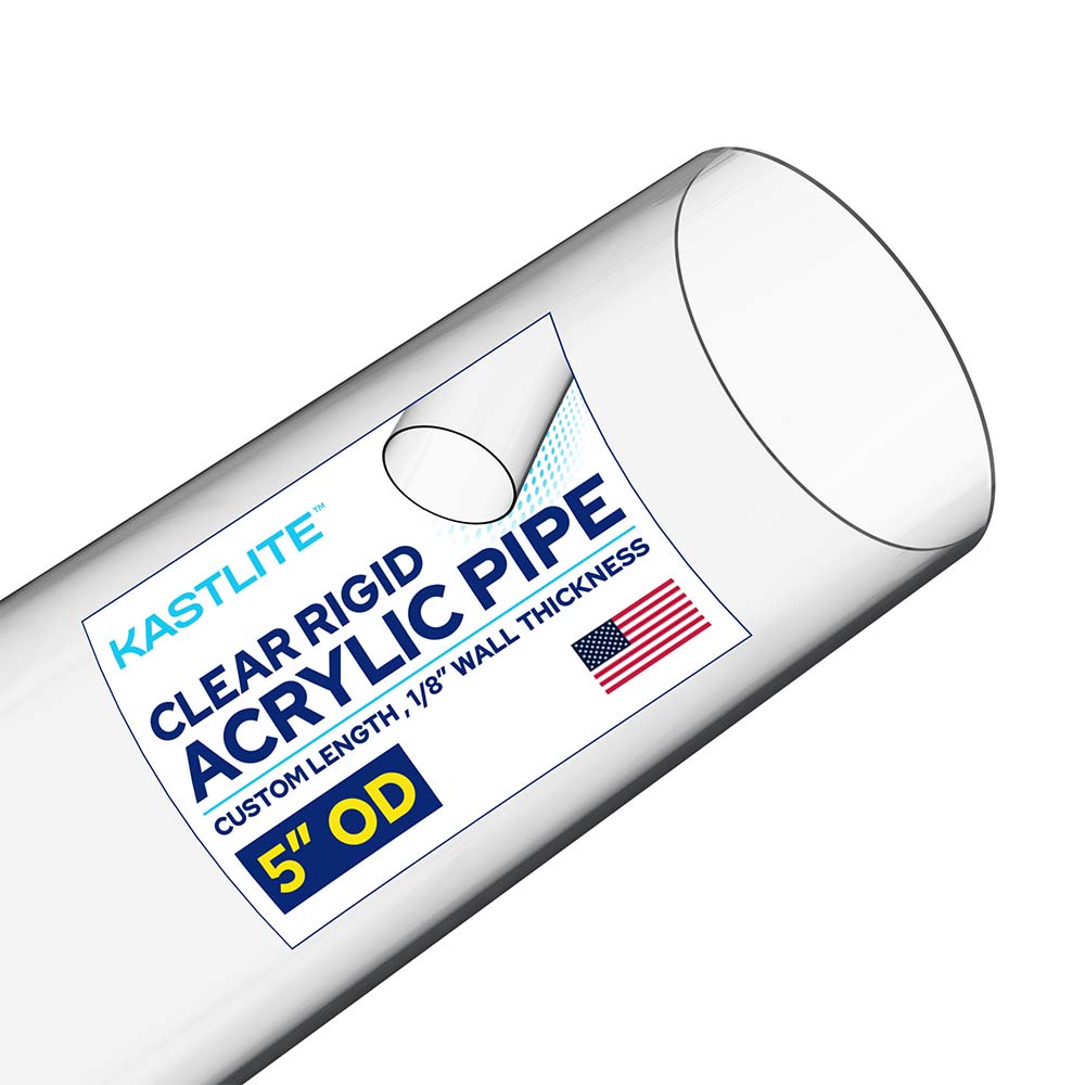 A clear rigid acrylic pipe shown at an angle on a white background, with a printed product label that reads KASTLITE, CLEAR RIGID ACRYLIC PIPE, CUSTOM LENGTH, 1/8" WALL THICKNESS, 5' OD, and includes a small American flag graphic.