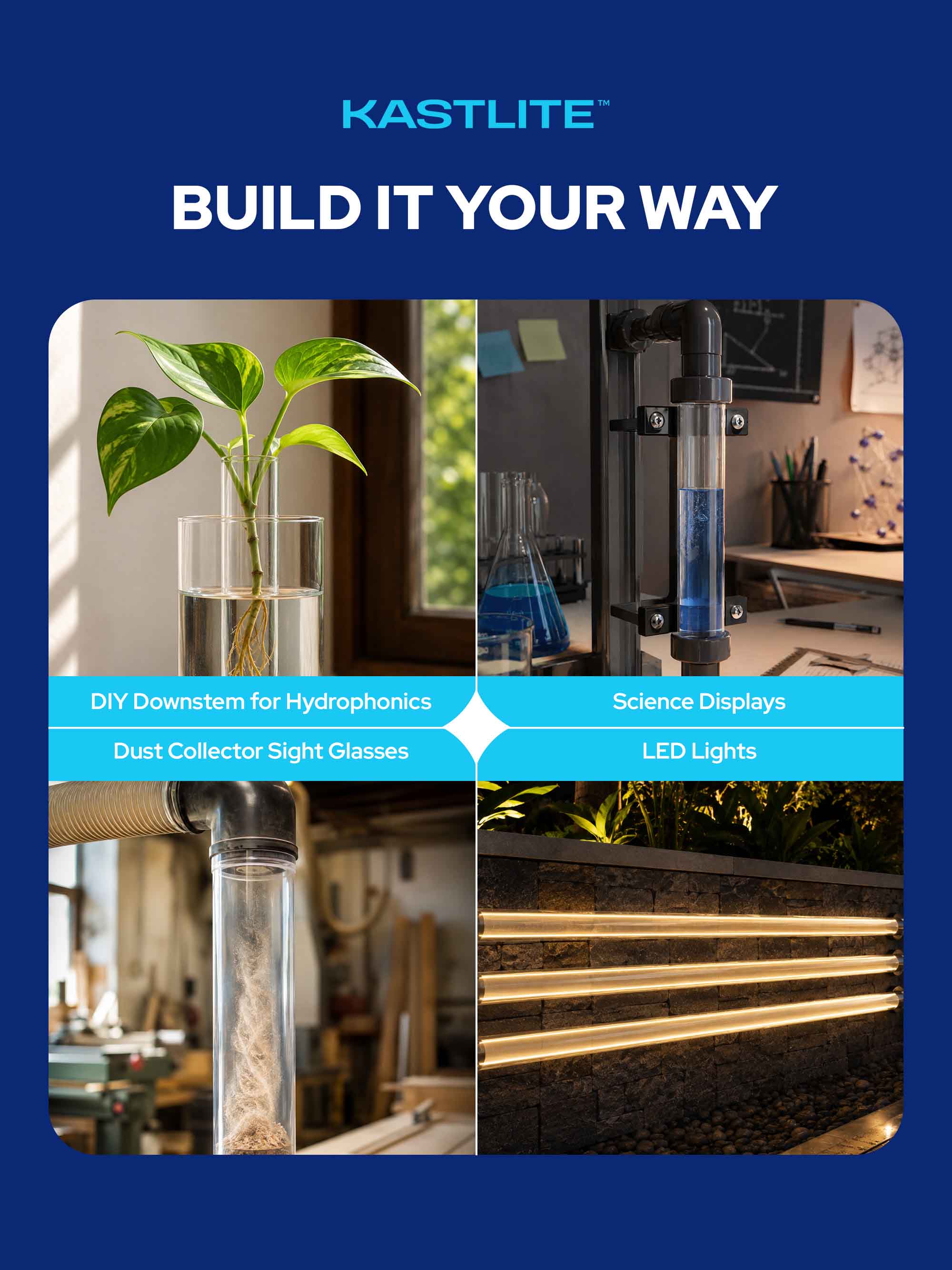 Promotional graphic for the KASTLITE Build It Your Way kit, featuring a blue background with the KASTLITE logo and white headline text. Below, a four-panel collage shows the kit in use: a green plant in a clear water chamber for hydroponics, a dust collector sight glass and science display setup, and illuminated LED light strips in a planter.