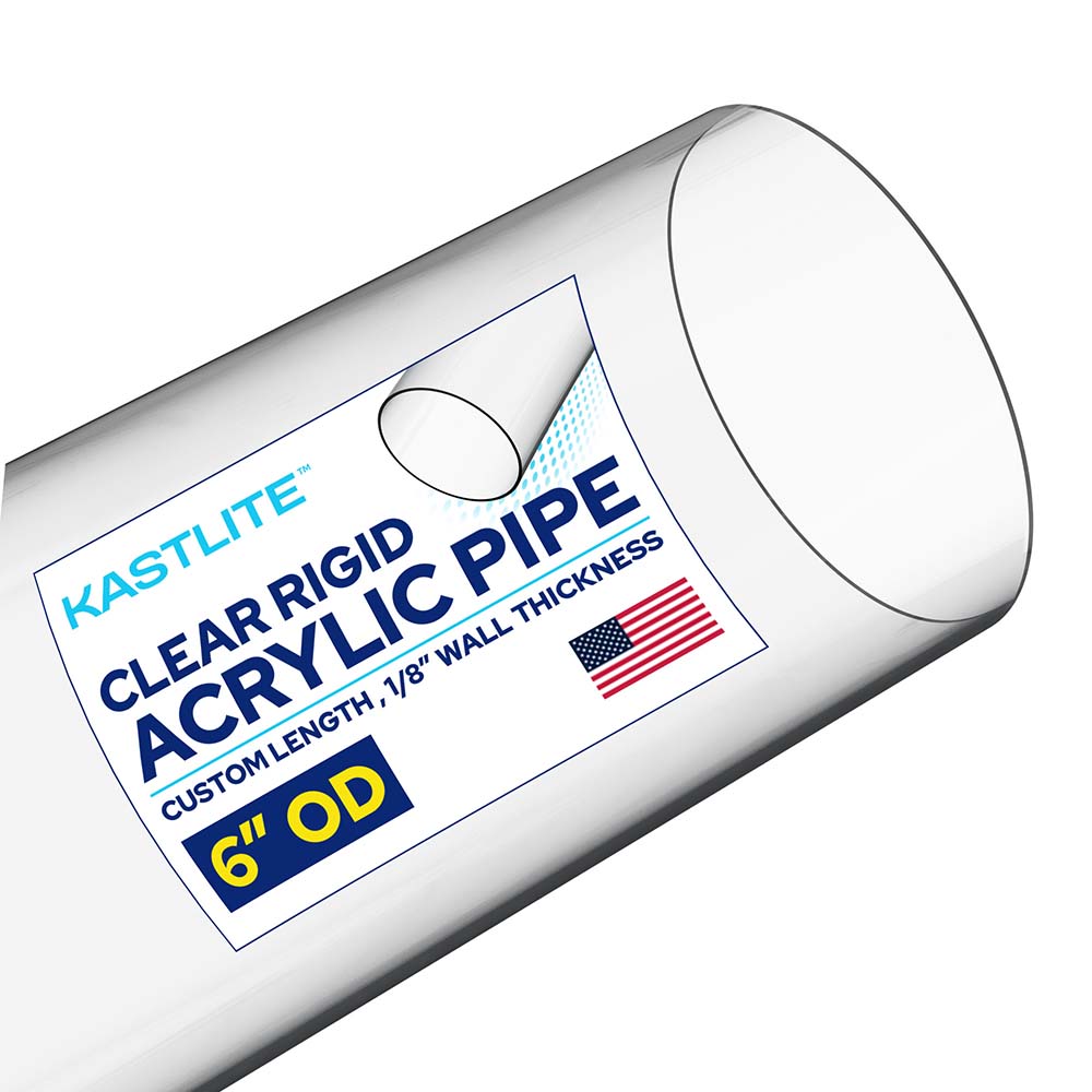 A clear acrylic rigid pipe labeled KASTLITE Clear Rigid Acrylic Pipe, 6" OD, shown at an angle on a white background.