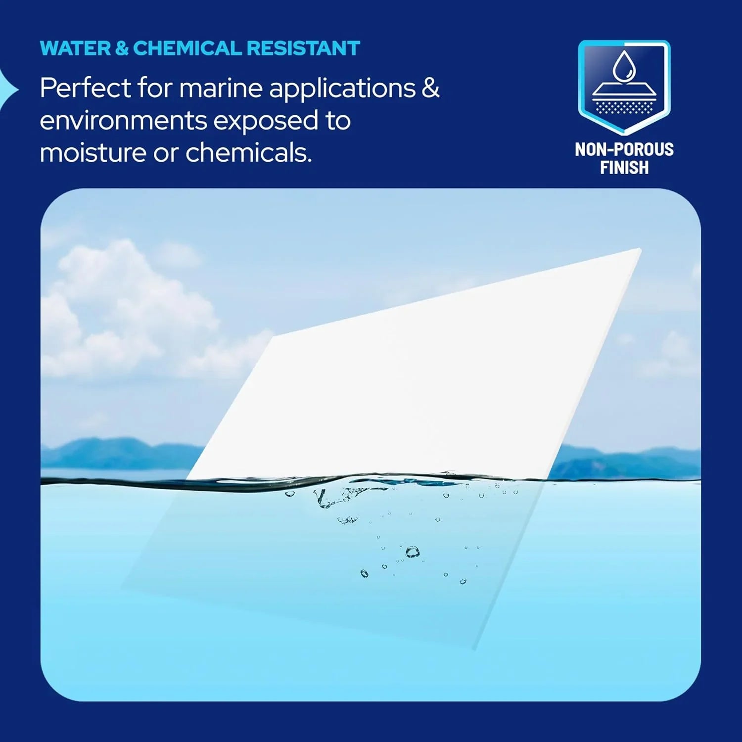 Product with water-resistant properties displayed against a blue background
