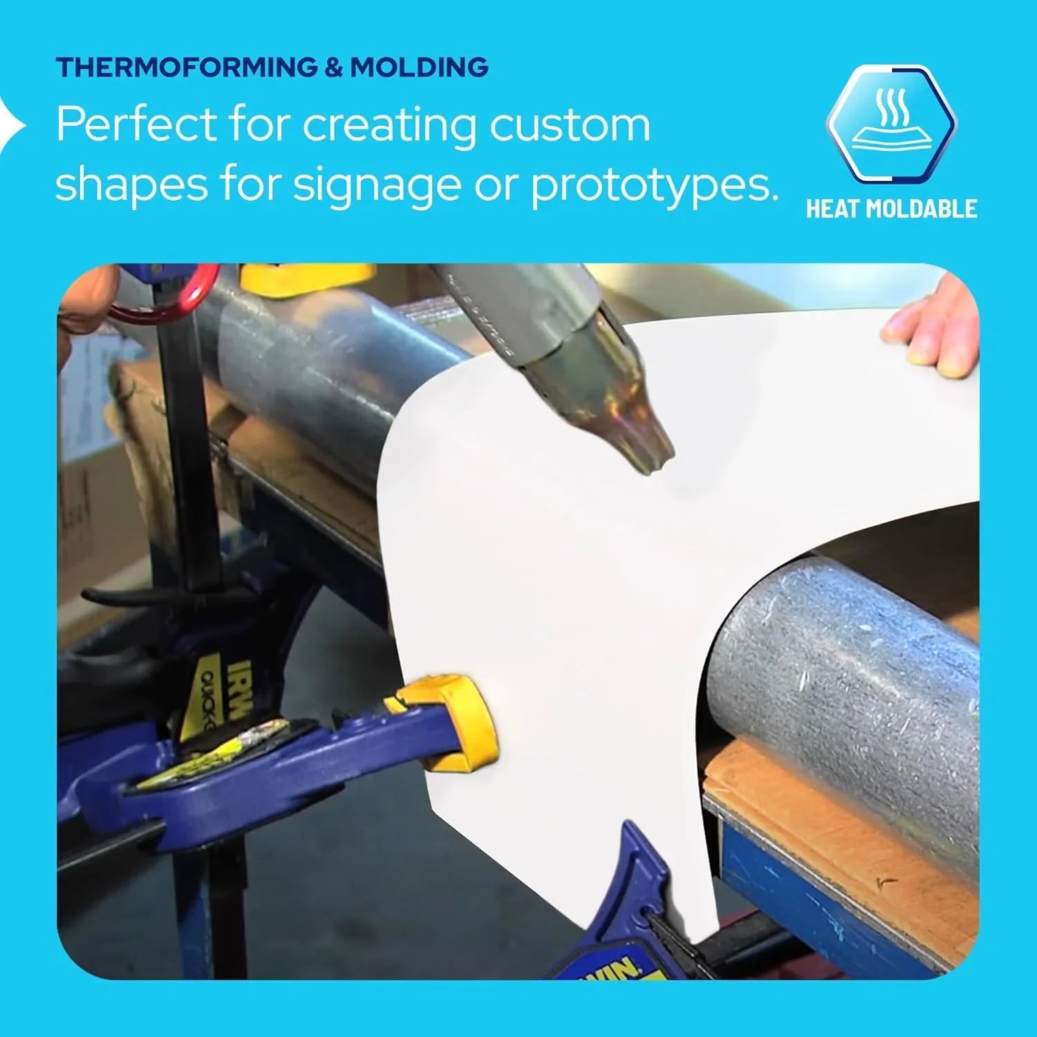 Thermoforming and molding process with a machine applying heat to a sheet of material.