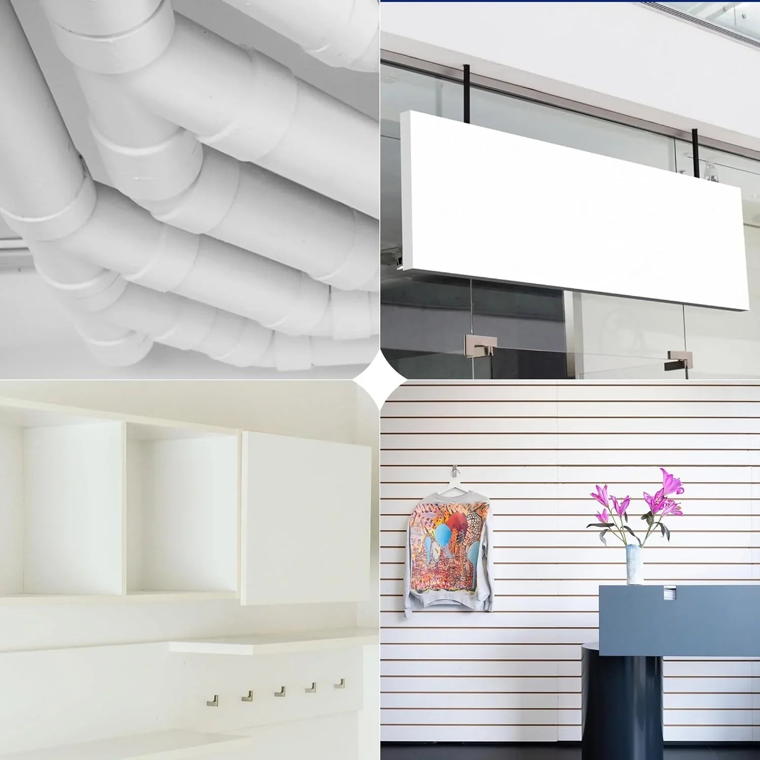 Collage of white interior design elements including pipes, ceiling, wall, and decor.