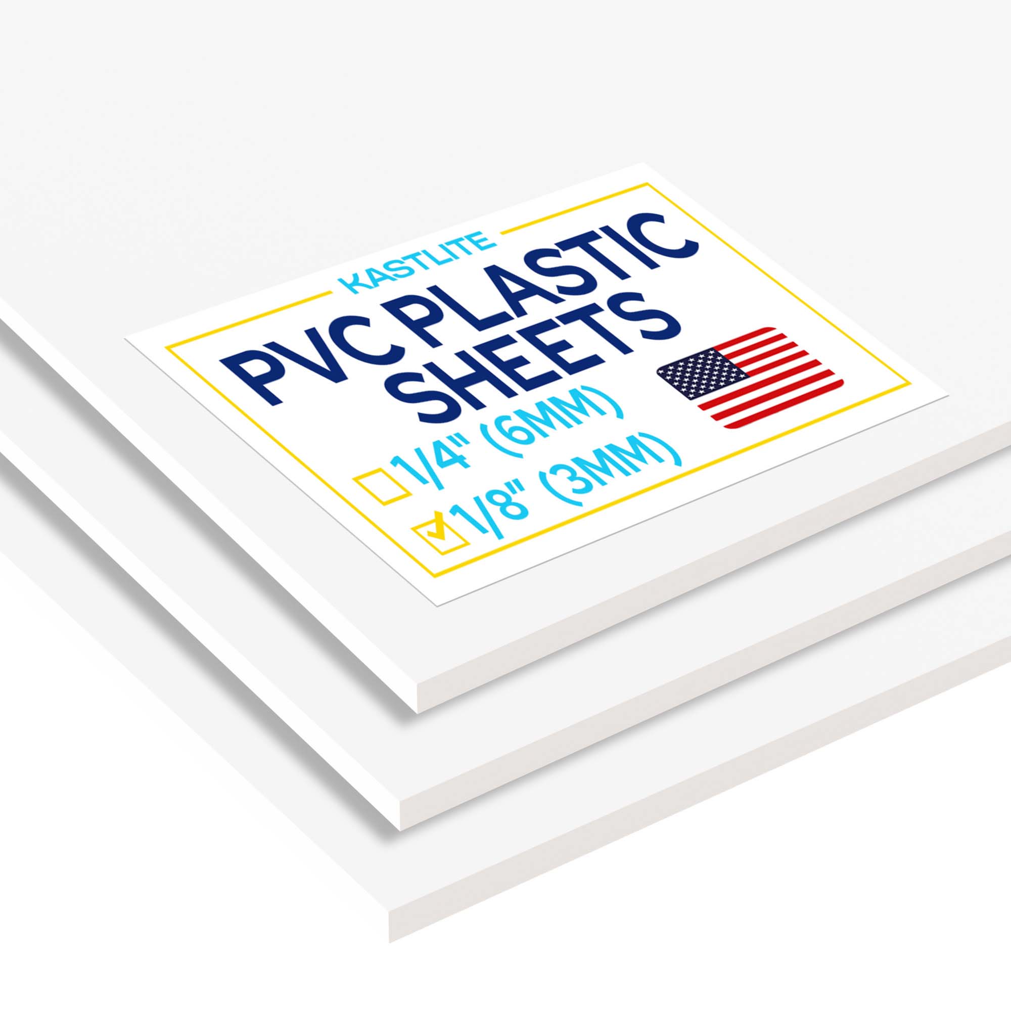 Three white Kastlite PVC plastic sheets stacked at an angle, with the top sheet showing a printed label that reads 'KASTLITE PVC PLASTIC SHEETS' and lists 1/4" (6MM) and 1/8" (3MM) sizes.