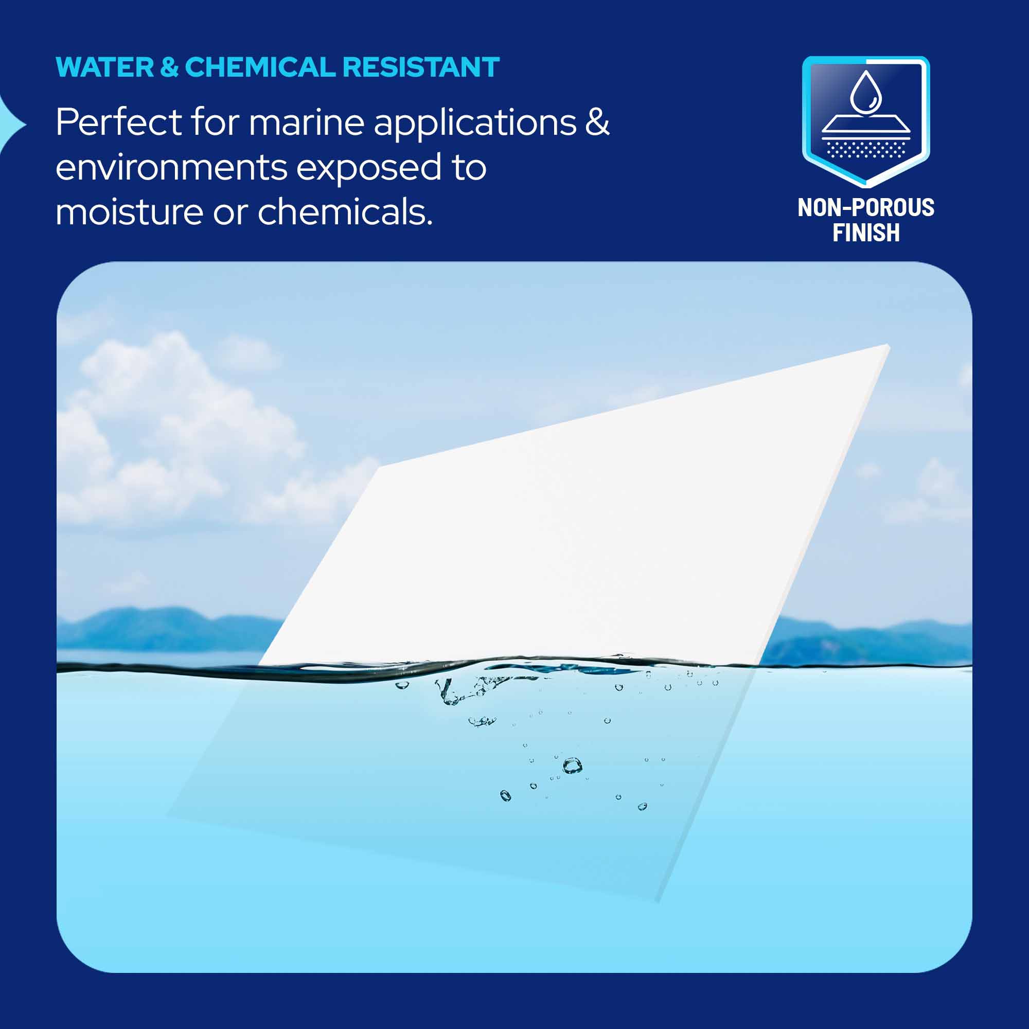 A promotional graphic for a white waterproof or water-resistant panel, showing it partially submerged in water with marketing text about marine applications and non-porous finish.