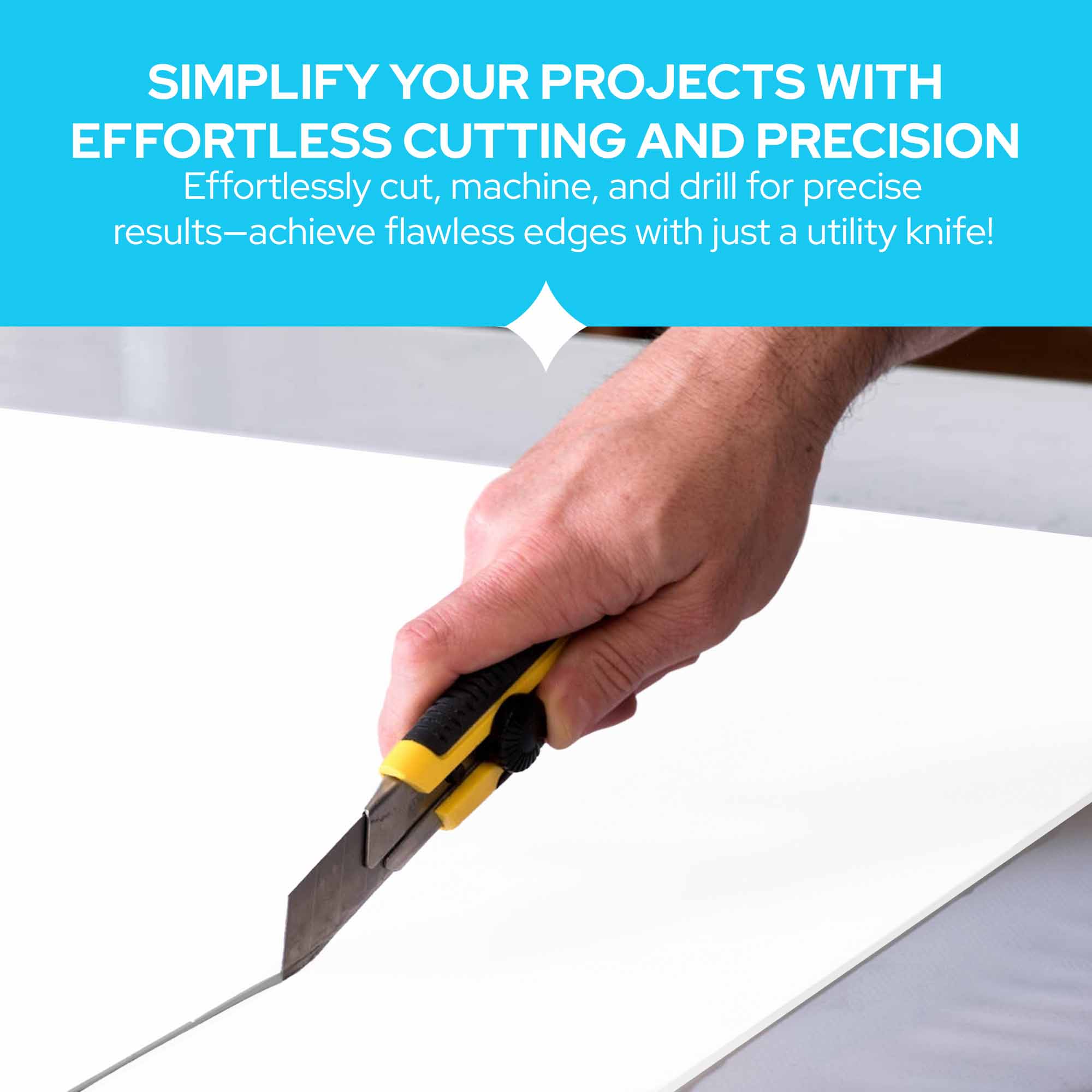 A hand holding a yellow and black utility knife cutting a white sheet of material, with a bright blue banner at the top containing promotional text about effortless cutting and precision.
