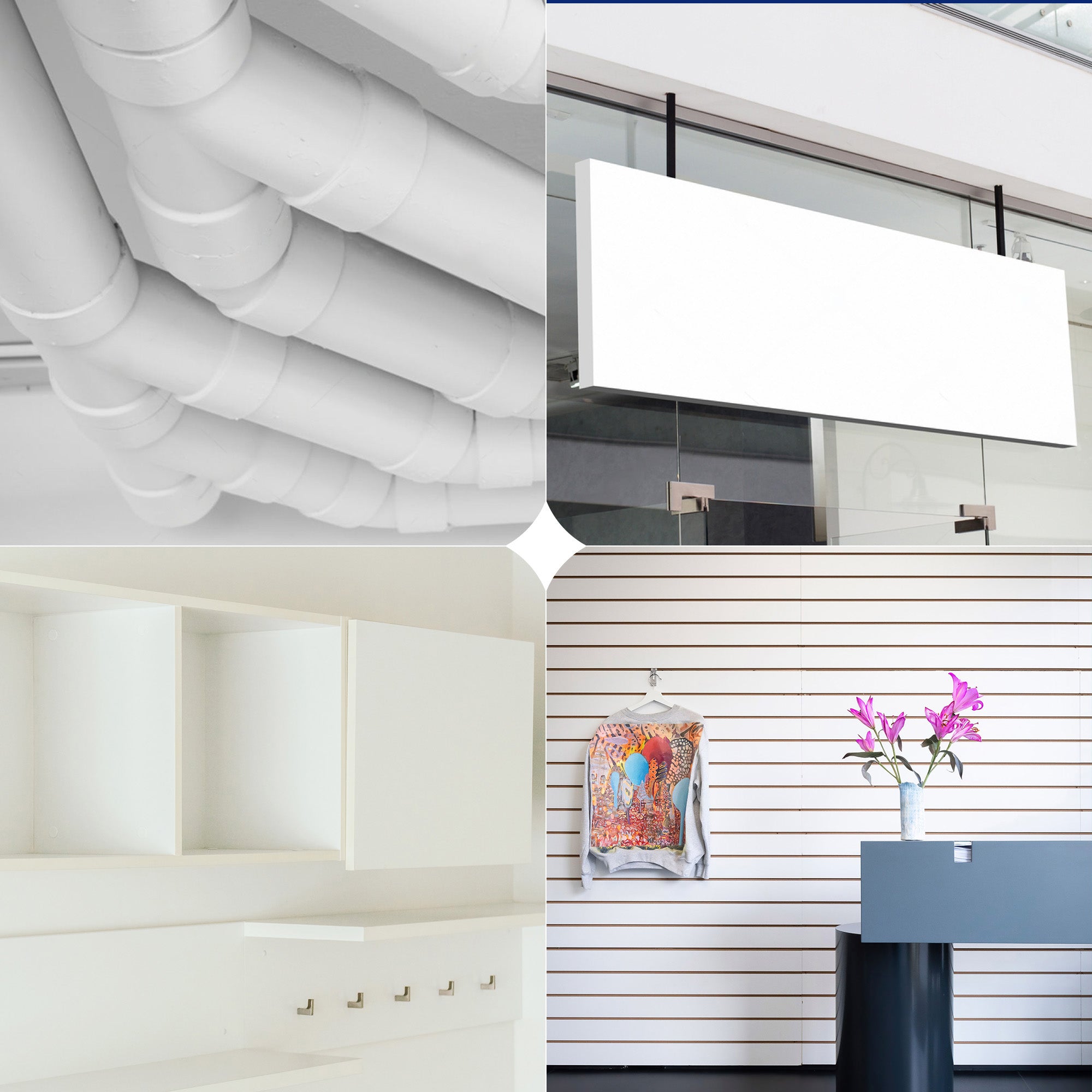A four-panel collage showing white interior design elements: exposed white pipes on the ceiling, a blank white rectangular wall sign, white shelving and wall panels, and a modern interior corner with a gray counter, black pedestal, and pink flowers.