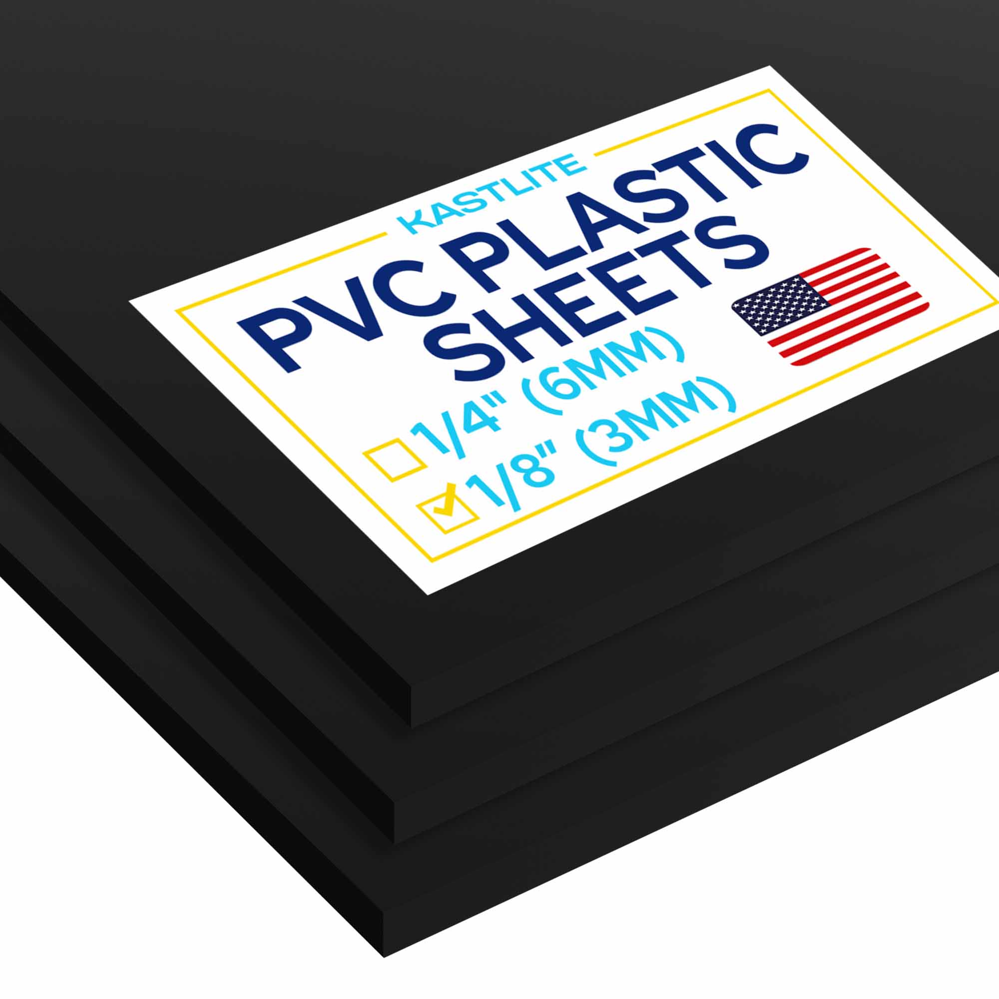 A stack of black Kastlite PVC plastic sheets with a white label showing product details including dimensions and an American flag icon.