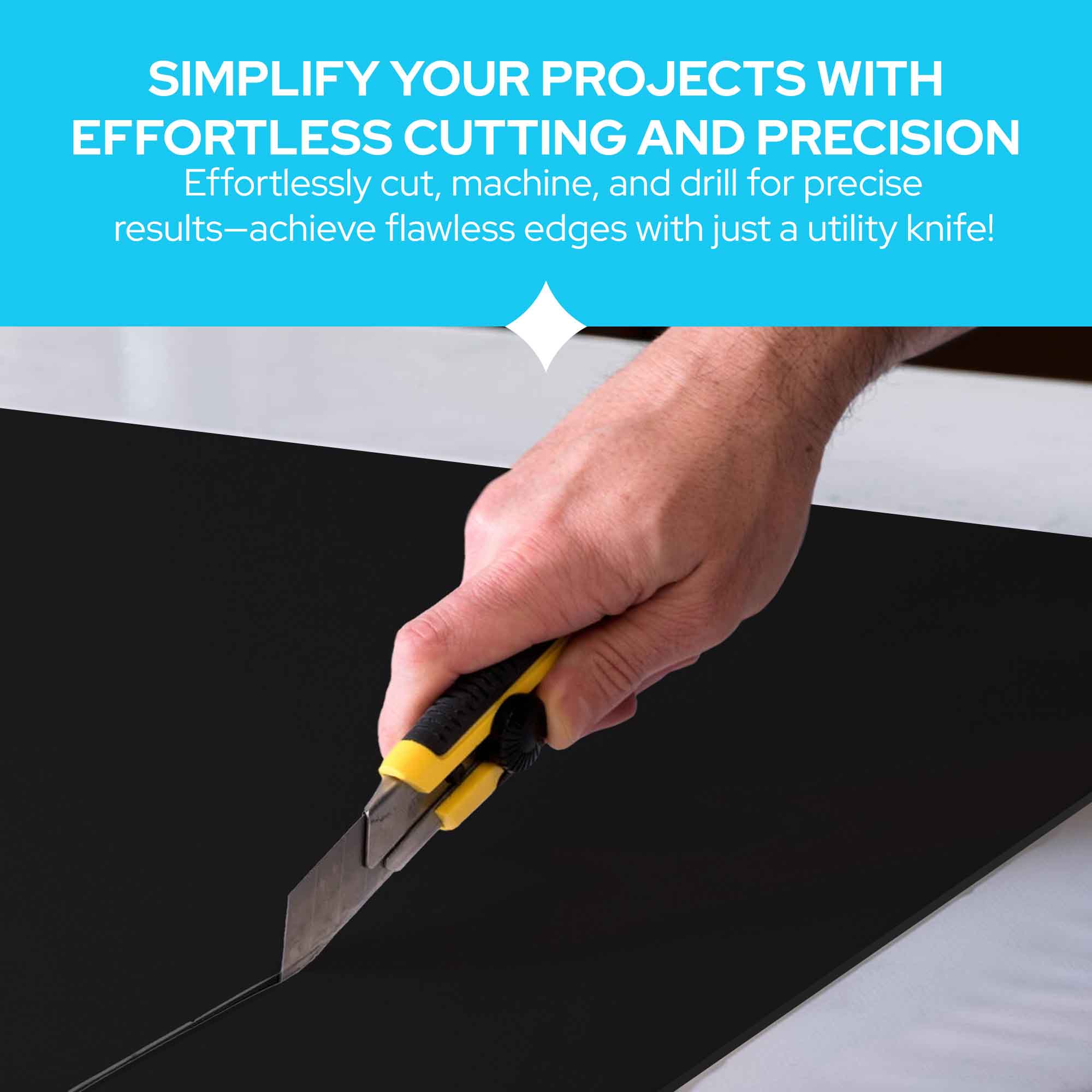 A hand holding a yellow and black utility knife cutting a black sheet of material, with a bright blue banner at the top containing promotional text about precision cutting.