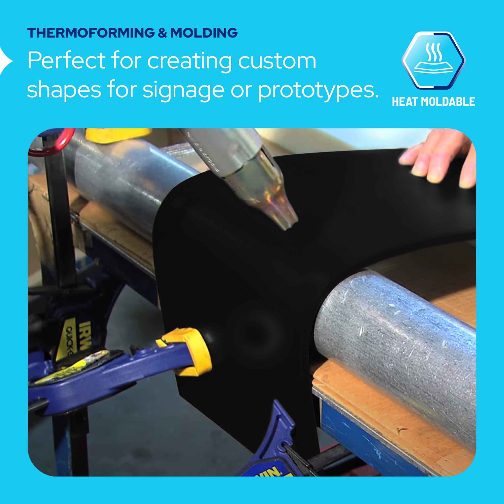 A black thermoformed sheet being shaped with a heat gun in a workshop setting, with text reading 'THERMOFORMING & MOLDING' and 'Perfect for creating custom shapes for signage or prototypes.' and a 'HEAT MOLDABLE' icon.