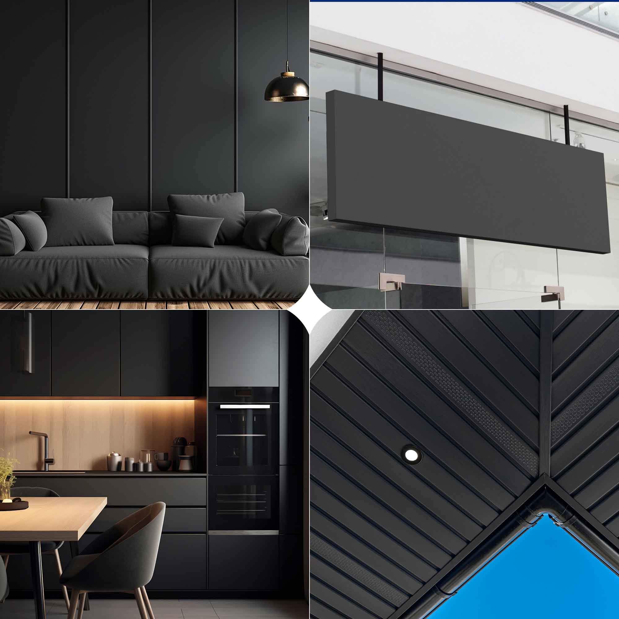 A four-panel collage showcasing matte black architectural materials and furniture in a modern interior setting: a dark gray sofa in a living room, a black rectangular panel on a glass wall, a black kitchen cabinet system, and a close-up of a black textured geometric ceiling or wall panel with a small light.