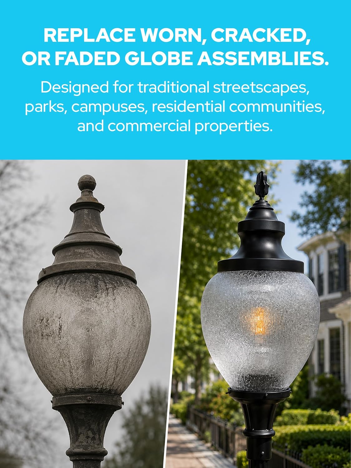 Metal Top Acorn Lens Street Light Globe Set, 9.12" OD Neck