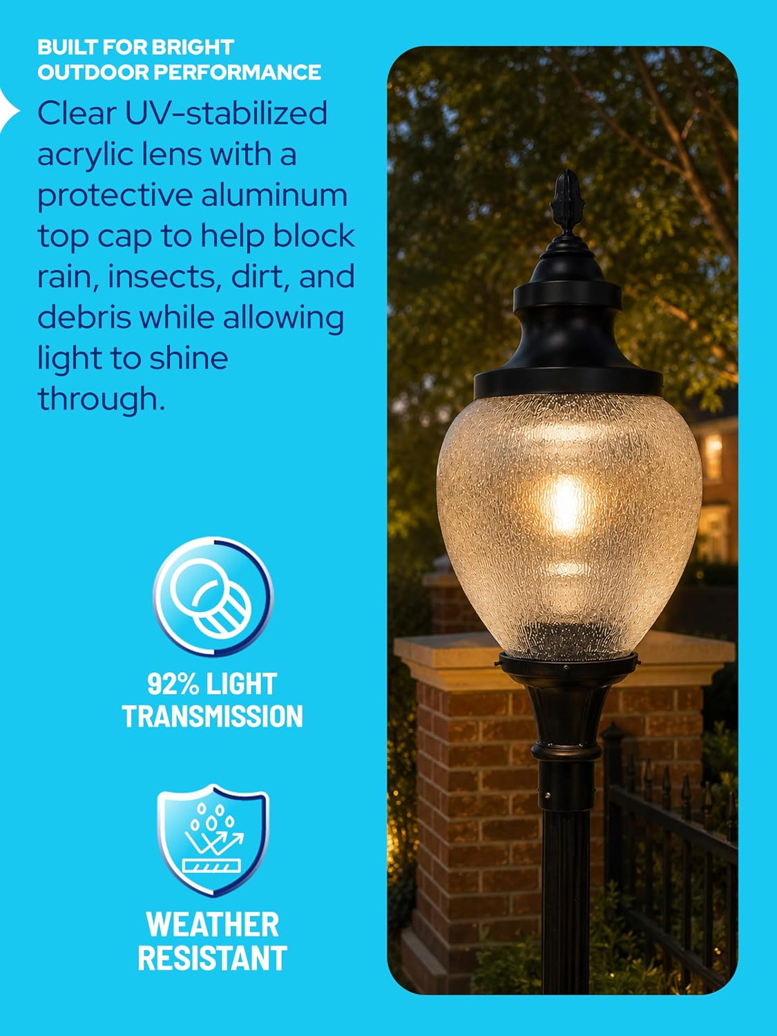 Metal Top Acorn Lens Street Light Globe Set, 9.12" OD Neck