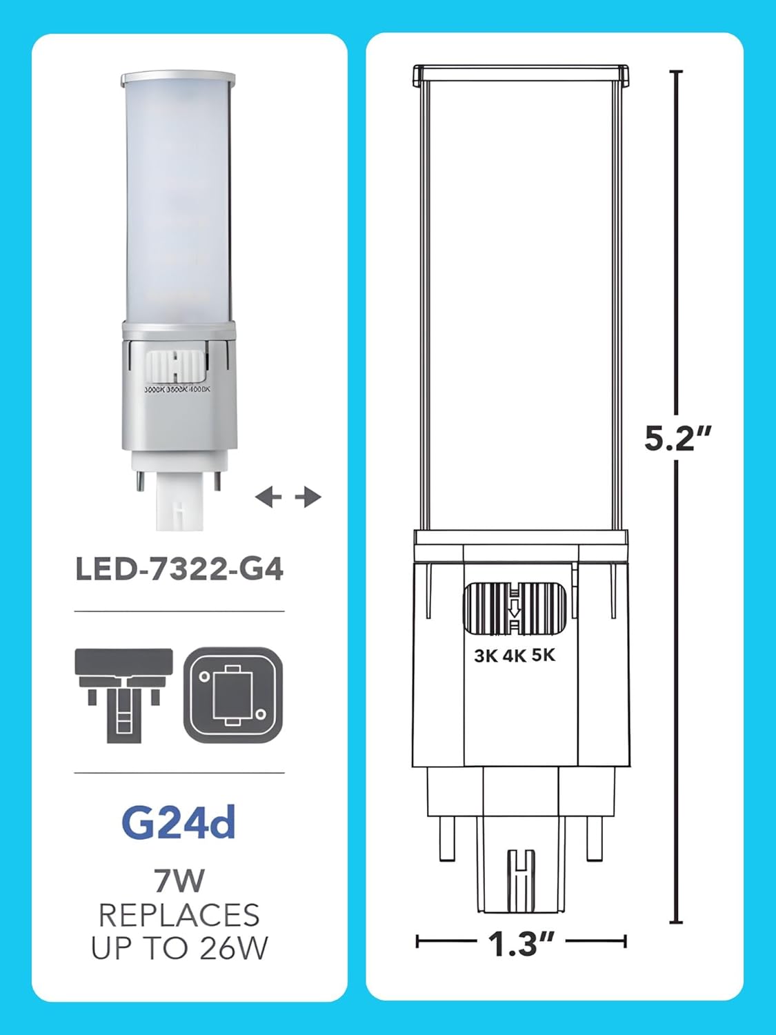 G24d 7W Universal 2-Pin Prong Base LED PL Lamp