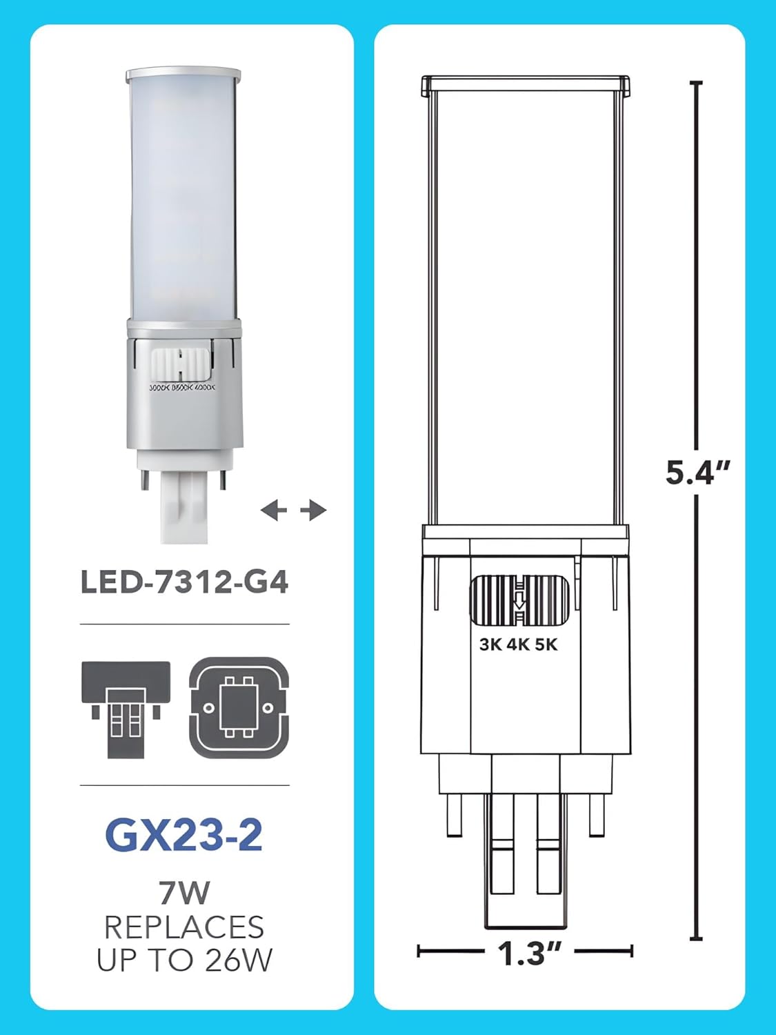 LED light bulb with packaging and dimensions on a blue background